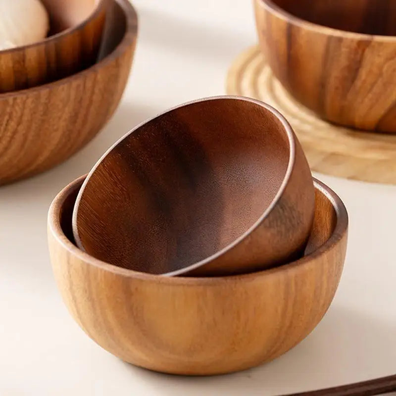 Premium Wood Salad Bowl Food-Safe Natural Round Serving Basin Durable Wooden Fruit Bowl for Kitchen Salad Tableware Gift
